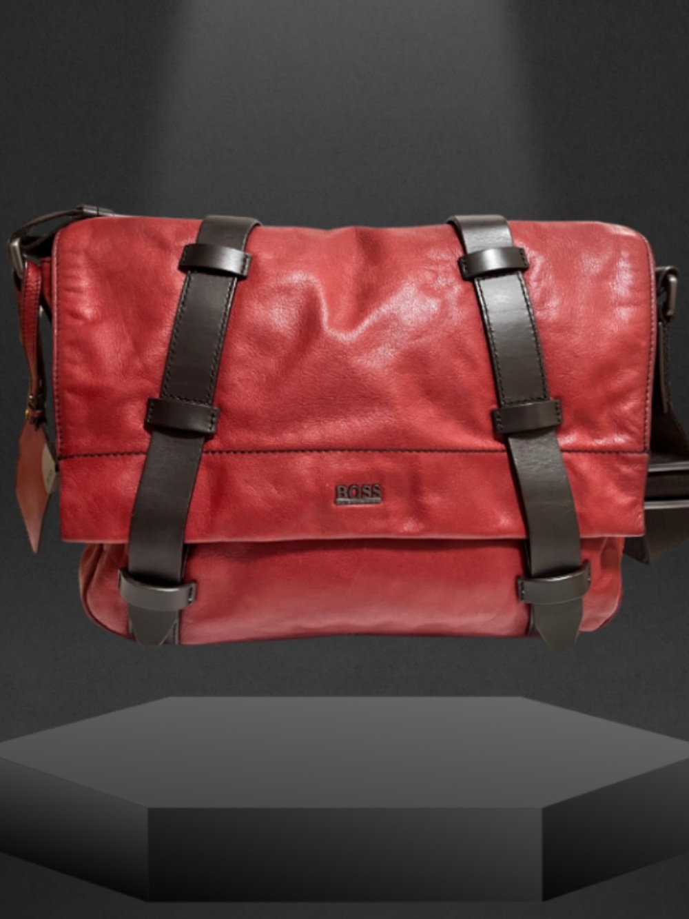 Hugo Boss Rotin Watson Red & Brown Leather Messenger Bag